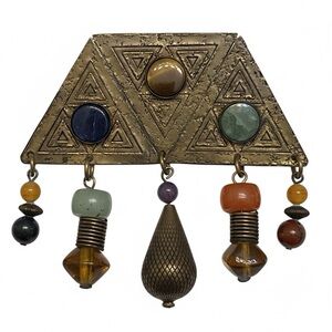 Baer SF • Vintage Mixed Metals Modernist Brooch Semiprecious Stones Bead Dangles